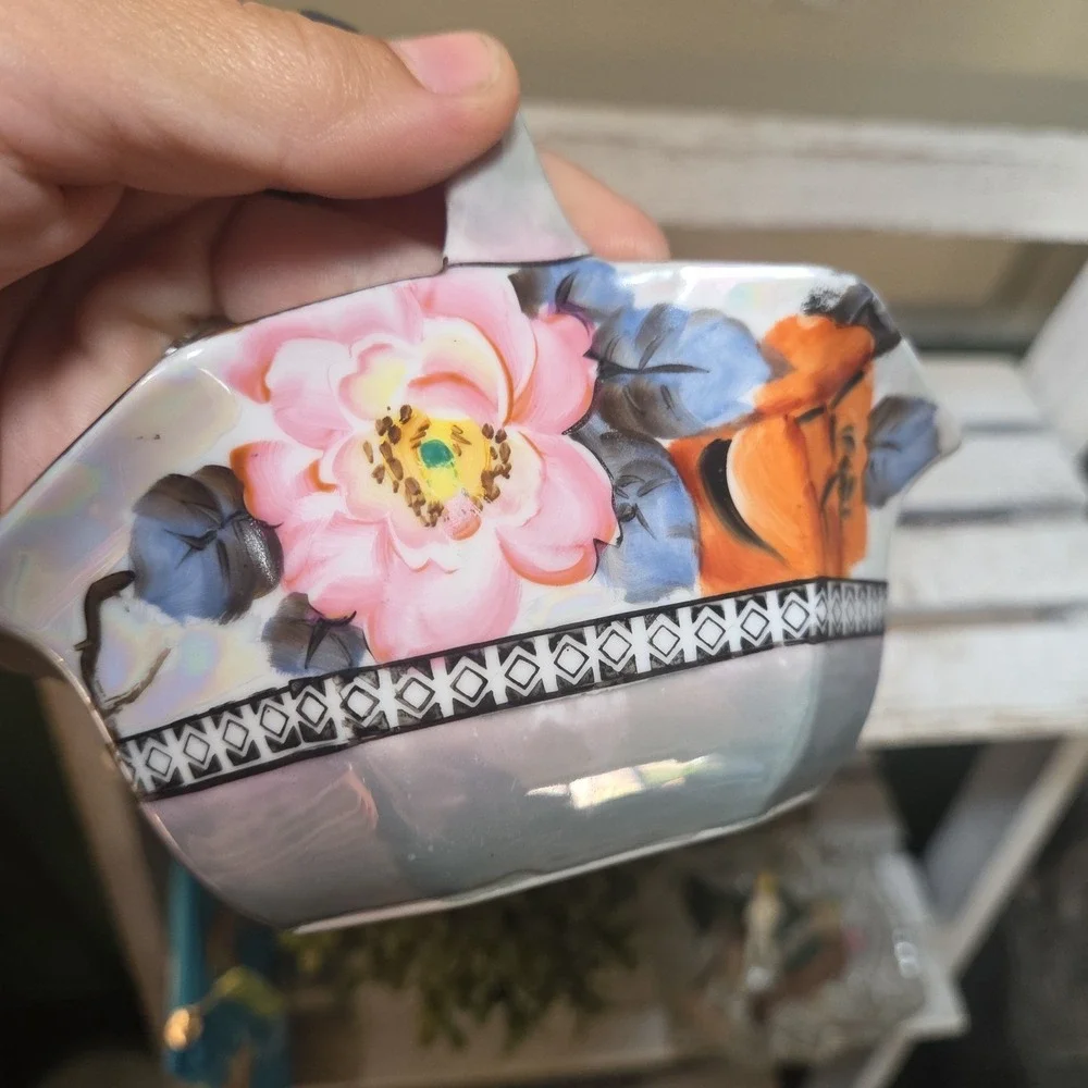 Vintage Lusterware Porcelain Basket with Hand-painted Floal Motif Japan Art Deco